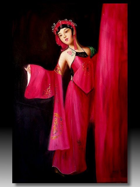 金王記拍寶網】U1380 中國近代油畫家陳逸飛款手繪油畫一張美人圖~ 罕見