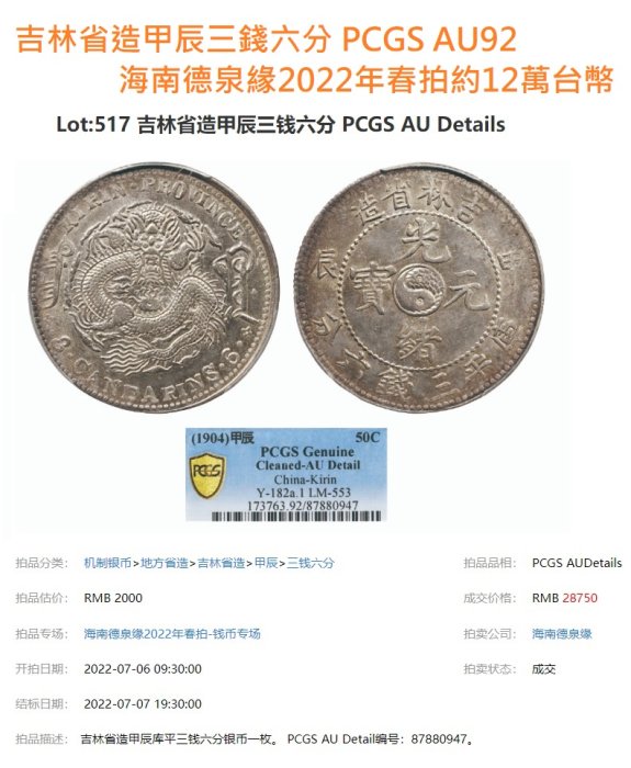吉林省造甲辰三錢六分PCGS鑑定AU92 背太極圖強轉光品項佳誤評[認證編號
