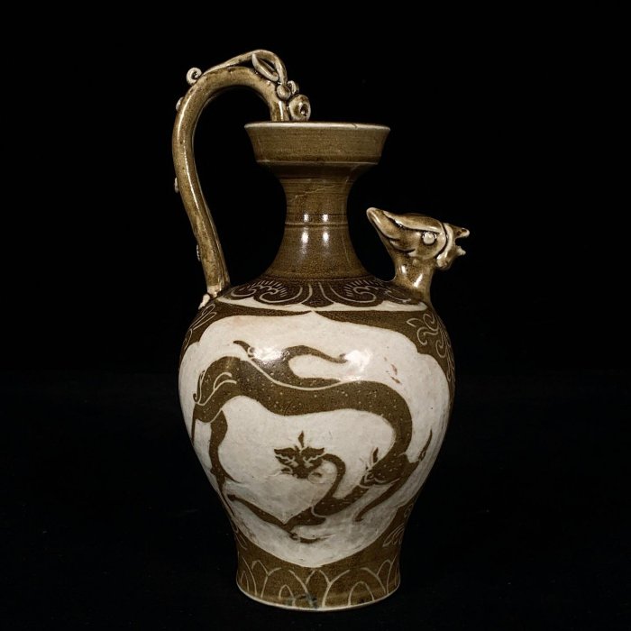 宋定窯褐彩刻龍紋龍鳳壺，高21直徑11cm，20056 瓷器官窯汝窯【古雲