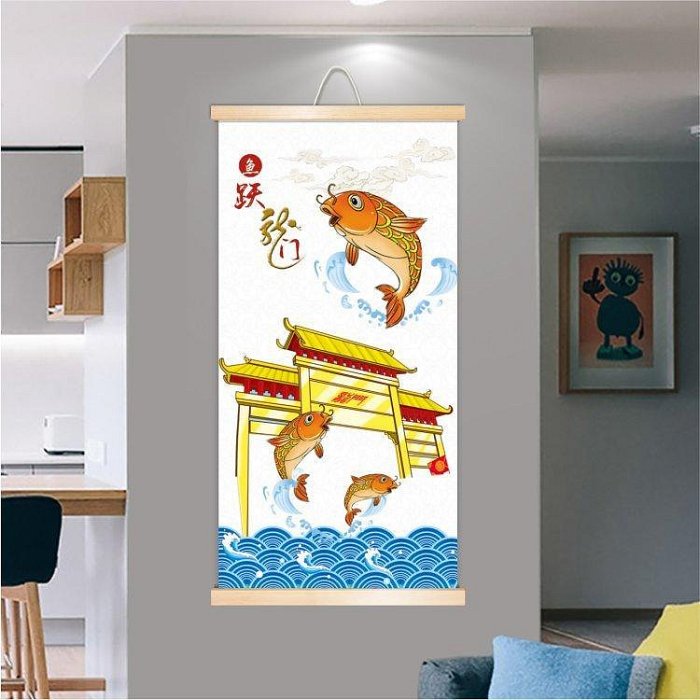 書法年畫鯉魚跳龍門魚躍龍門旗開得勝高考金榜題名祈愿供奉卷軸木掛畫