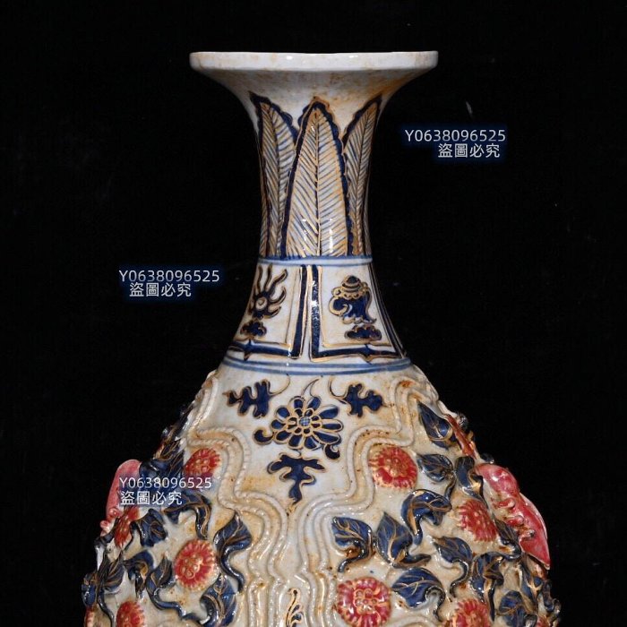 代白滸孤窯青花釉裡紅描金雕刻捏花玉壺春瓶（35×21cm）5001419 青花