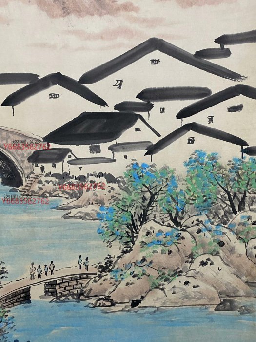 中国古美術・旧藏・近現代・吳冠中款・金箋・山水風景画・中堂掛軸・純手描き・書画 二手】舊藏字畫畫家吳冠中款的純手繪四尺中堂畫山水畫手繪畫畫工