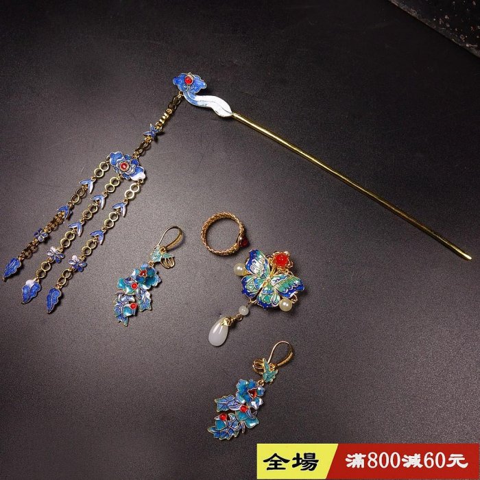 舊藏銅鎏金景泰藍工藝首飾一套，️:650總重量1639克，盒子高度12cm