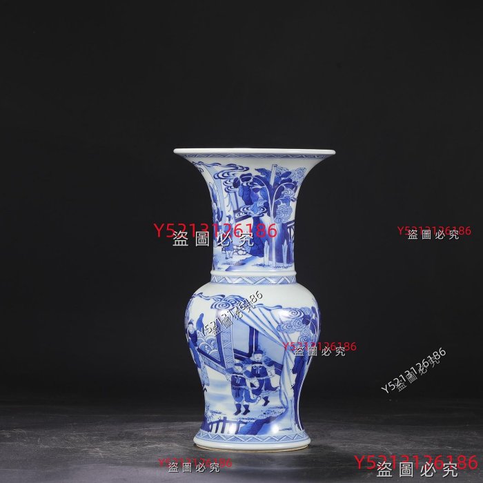 清代康熙青花人物芭蕉紋大花孤尺寸：高36公分口徑19.5公分肚徑16公分舊