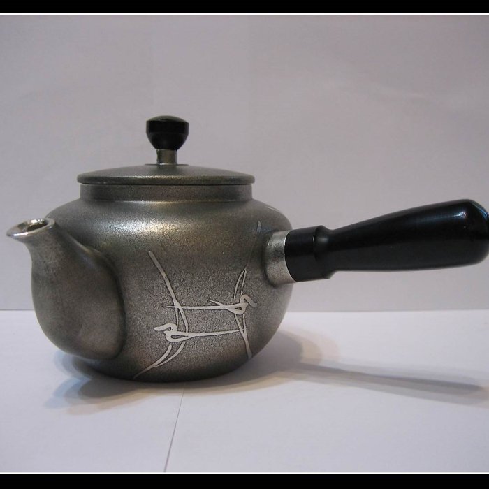 勇福堂》】日本茶道具－浪華錫半造【日本純錫製飛鳥紋茶器三件（茶壺