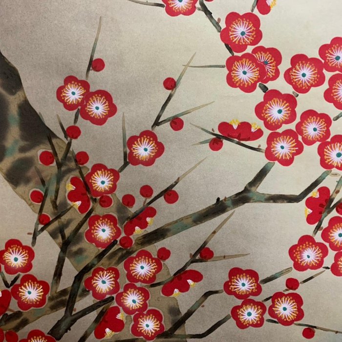 原装表・大判 花鳥画　紅銘款　絹本掛軸　120×56cm 2/20結標日本美術院国見一邦絹本薔薇群雞PCC0622 -軸畫茶掛書法絹本