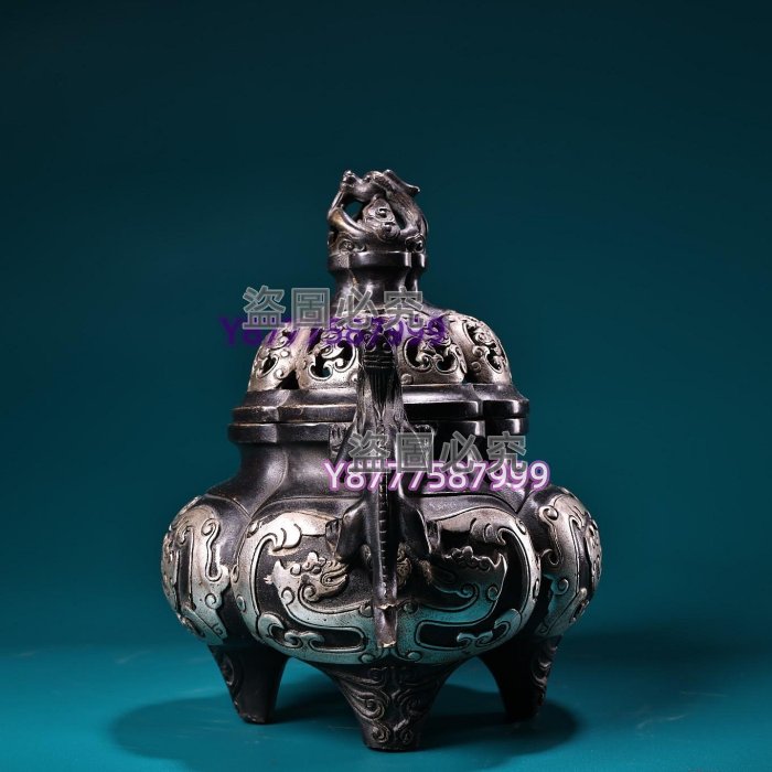 純銅高浮雕鏨刻鎏銀龍耳熏香爐工藝精湛器型款美高18厘米寬19厘古玩古董