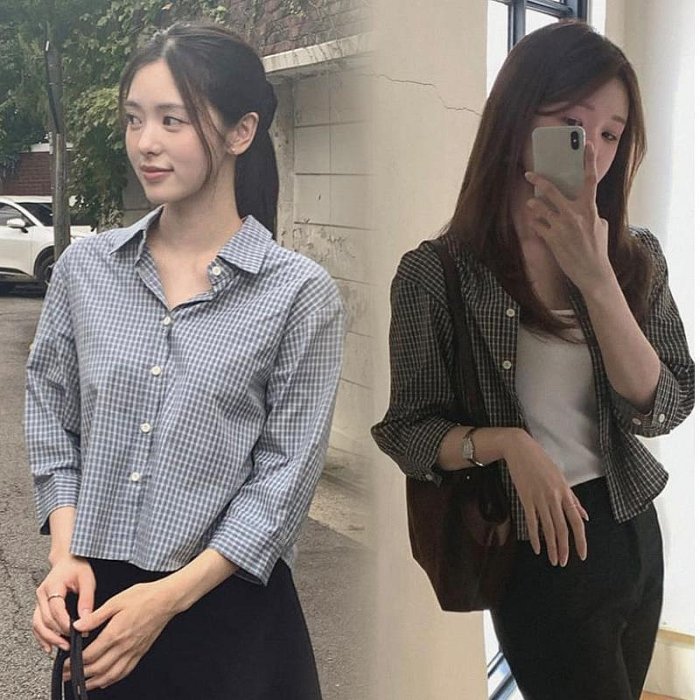 正韓代購 經典格紋印花七分袖襯衫上衣 女 顯瘦修身早秋款・CRKO.14283 26AUG
