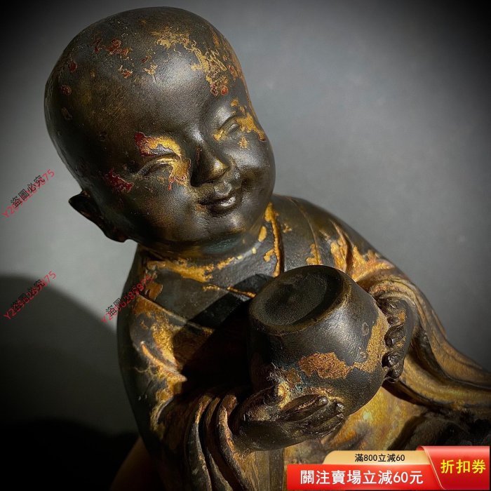 古玩銅器収蔵老銅仏像小擺件老貨旧貨老物件農村収 純銅泥金脫金佛像善財童子小沙彌老銅擺件佛堂用品擺件銅佛像皮殼老氣老