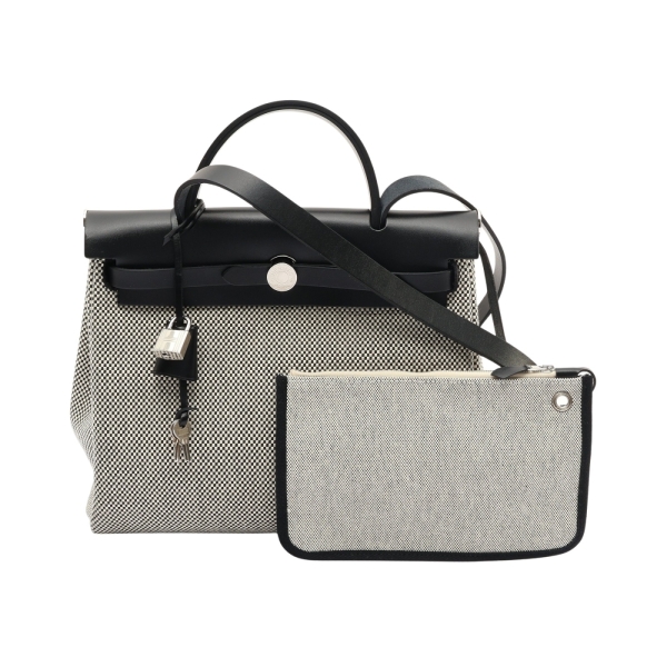 HERMES 愛馬仕 Herbag Zip 31 兩用包 黑/灰色 Vache Hunter 牛皮 帆布 B刻 金扣 【二手名牌BRAND OFF】