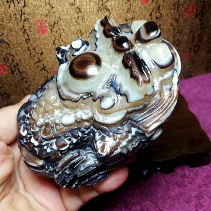 天然西藏九眼頁岩天珠礦正品【招財蟾蜍王】稀有超大擺件→早期精美老礦