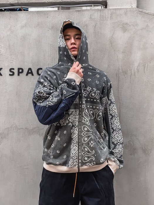 日本制KAPITAL BANDANA HOODIE 平田和宏拼接腰果印花連帽外套衛衣帽衫