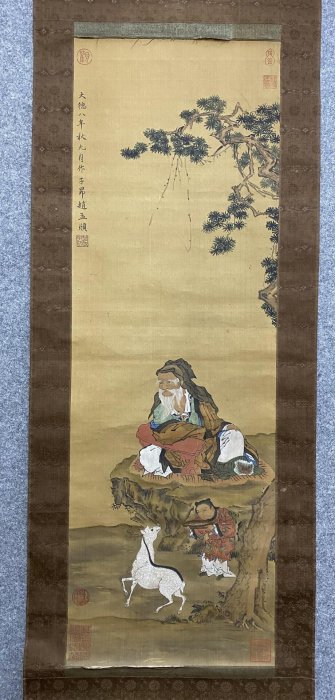 翁圖仮表装掛軸/仙嶺筆 趙孟頫（仙翁圖）絹本舊裱立軸.畫心尺寸107×36㎝藏品老貨舊藏【麒麟