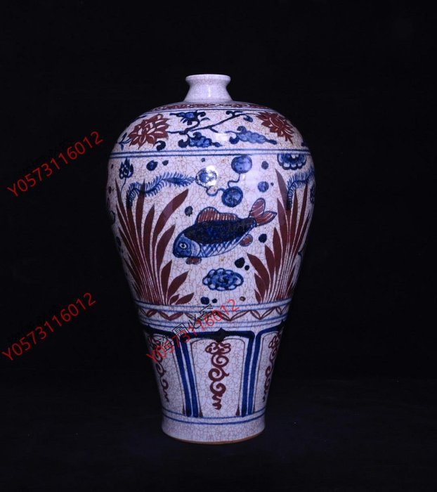 元青花釉里紅魚藻紋開片梅瓶，高43×25厘米40012332 | Yahoo拍賣