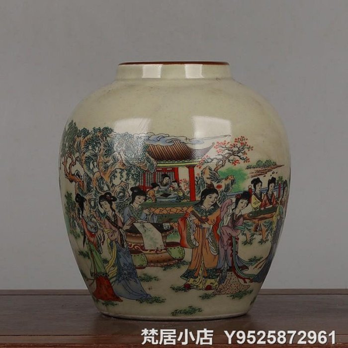 梵居二店大清光緒年製款粉彩十二金釵人物紋豆青醬釉口罐插花瓶仿古瓷