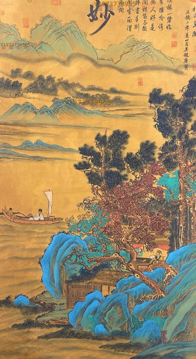 LCH-15【唐寅】青綠山水，一物一圖，純手繪絹本六尺中堂立軸作品【古董