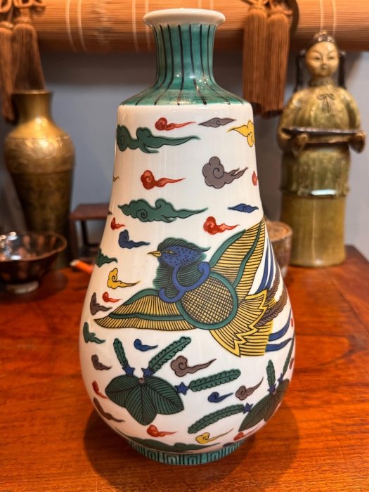嚴選中古日本九谷窯鳳凰花瓶，手工精製典藏級品，紅黃綠彩繪祥雲紋