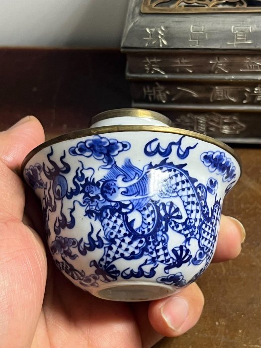 嚴選60cc泰國青花龍蓋碗若深珍藏包銅口工夫茶具青花瓷完整器若深底款小