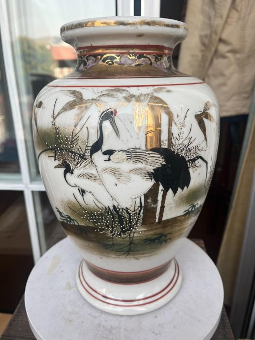 日本舶來品，大正時期，老九谷“松峰”作，仙鶴紋大號花瓶只高度29厘米