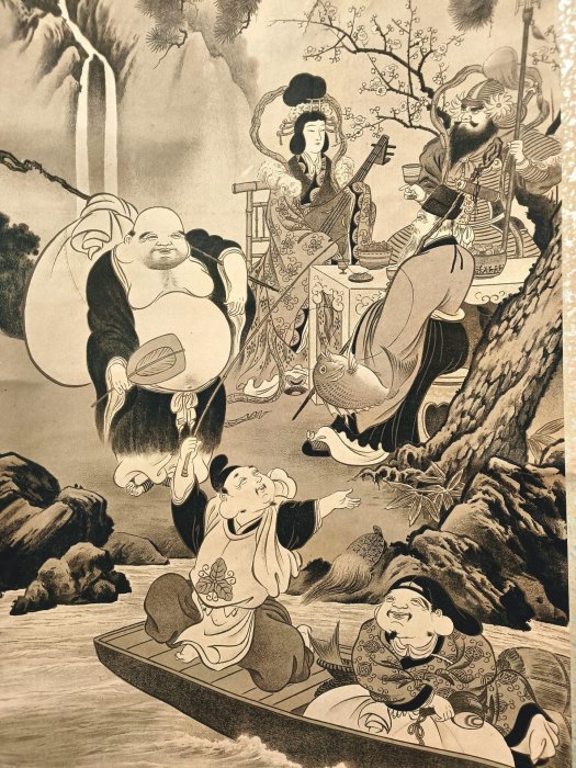 アンティーク 龍澤山 善寳寺 大黒天 七福神 慈眼視衆生 福聚海無量 紙本 掛軸 嚴選狩野信七福神書畫掛軸，老木軸手工縫裱，155x42cm真跡重現佛畫藝術