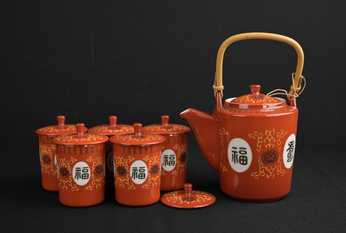 玖隆蕭松和挖寶網T》陶瓷大同磁器五福捧壽福壽無疆提樑壺茶壺茶杯蓋杯