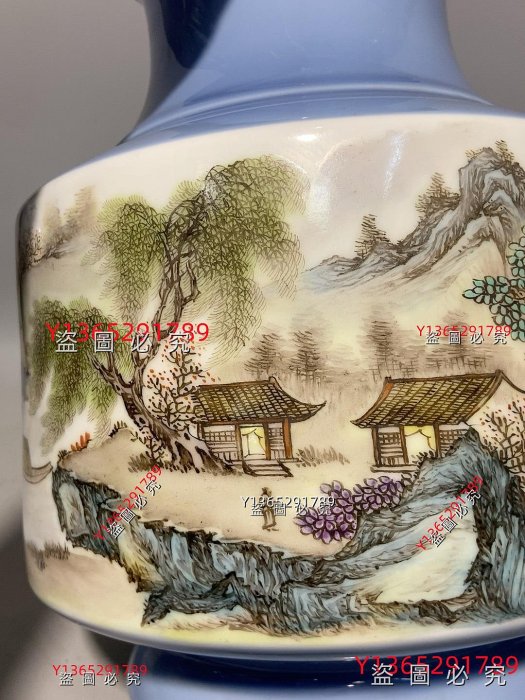 1964美研室-景德鎮藝術瓷廠出品，天青釉粉彩山水人物風景圖尊瓶，一九