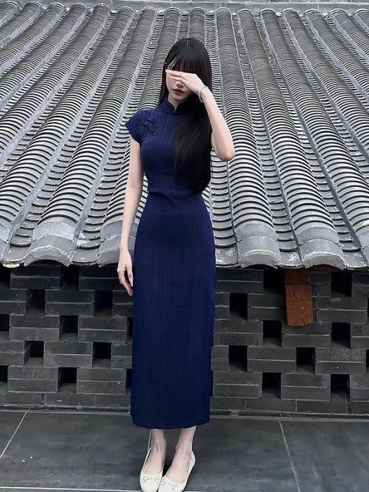 新中式女裝改良旗袍長裙赫本風氣質別致國風藏藍色連衣裙子女夏季流行女 