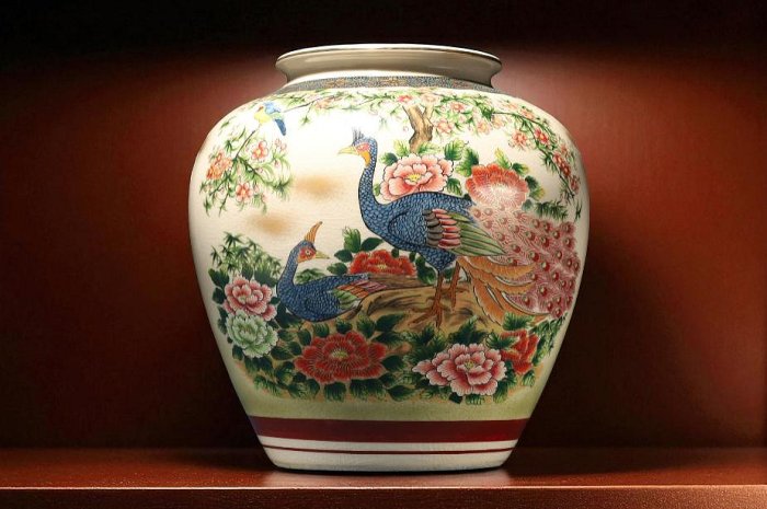 9/28結標九谷燒色繪孔雀點金賞瓶ADI0613 -花道侘寂插花花藝花學