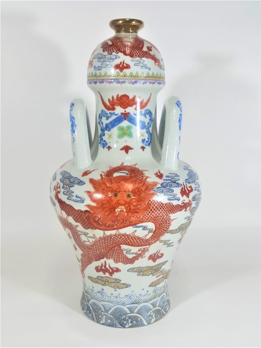 銀九藝] 古瓷陶瓷瓷器高40公分大清乾隆年制五爪龍粉彩雙耳蓋罐瓶