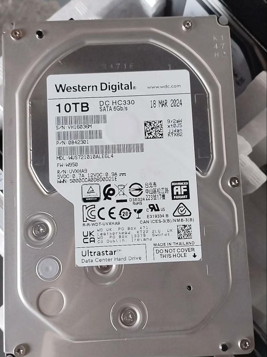 西數WD HC330 10T SATA企業級硬碟 24年 WUS721010ALE6L4 時間短 包好 無壞道