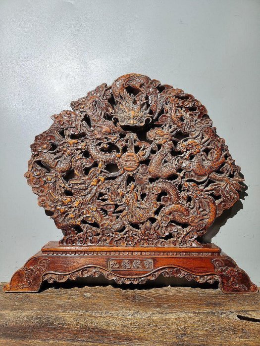 黄楊木製・細密彫・寶石嵌・龍屏風・置物・賞物』極細工 古董品 中国 黄楊木製・細密彫・寶石嵌・龍屏風・置物・賞物』極細工 古董品 中国
