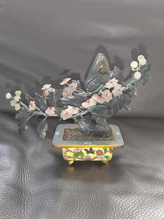 日本回流景泰藍玉石盆景花葉玉石材質景泰藍花盆工藝精細造型獨特尺寸約