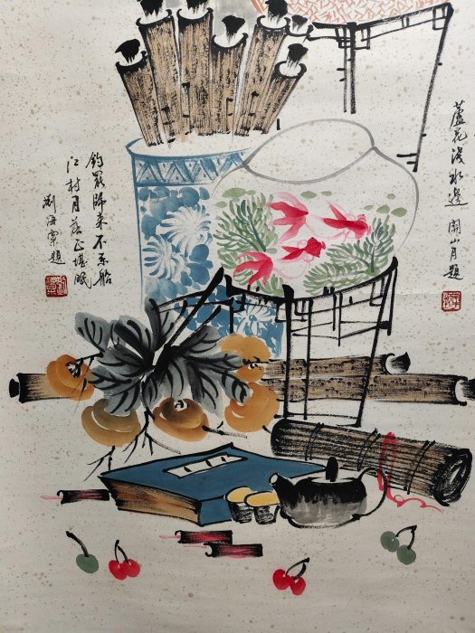 中国古美術・旧藏珍品・齐白石款・花卉画・宣紙・純手描き・掛軸・中堂畫・藍地装飾 齊白石款精品四尺花卉清供大中堂掛畫，純手繪宣紙古董字畫古董字畫中堂