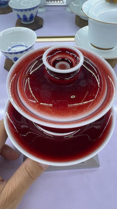 景德鎮郎窯紅釉三才蓋碗，125毫升容量，手工精湛郎紅釉陶瓷，典藏級