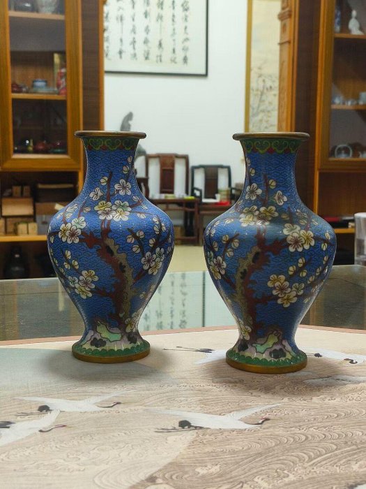 民國銅胎琺瑯彩景泰藍花瓶一對完整全品，高20.3cm5590321559 【錦帳春