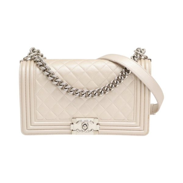 CHANEL 香奈兒 香檳金 菱格紋羊皮 Boy 25 肩背包 (無卡) 【二手名牌BRAND OFF】