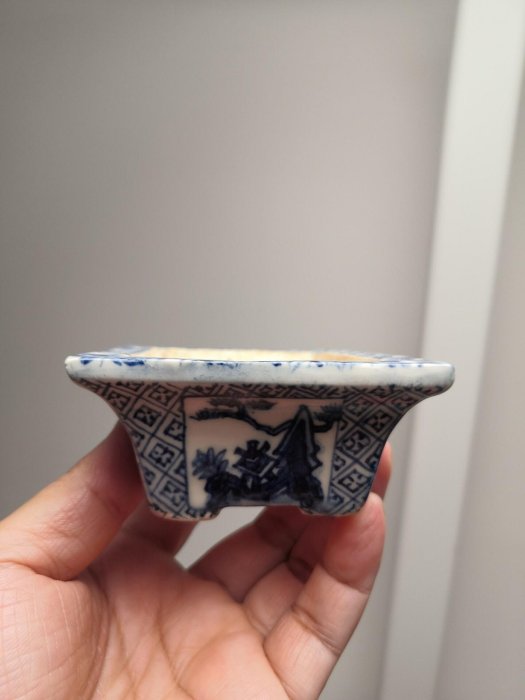 嚴選日本回流老藝術品手繪山水染付小長方盆尺寸：cm 品相完整自然磨損