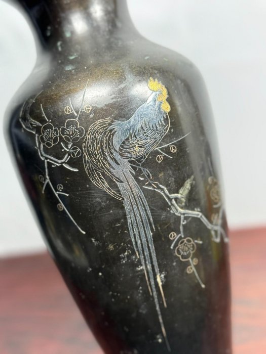 嚴選古銅花瓶，鑲金鑲銀長尾雞造型，高29.3cm，重1845克，實物拍攝展示