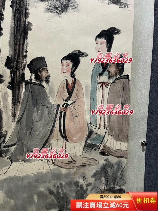 翁圖仮表装掛軸/仙嶺筆 F891傅抱石游園觀松圖畫心尺寸180*46 裝裱尺寸263*60 紙本綾裱立軸