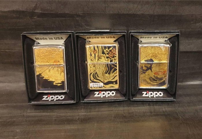ONE*$1~*日系*ZIPPO*浮世繪*金葉《富士山*鯉魚*波富士》黃銅*純