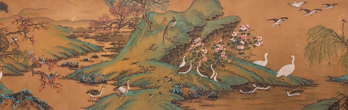 清国　大型　永興典當行封藏 棲禽図 名家 【沈銓 】 氏の書卷绘 卷绘未開封箱 清【沈銓-百鳥朝鳳圖】一物一圖，純手繪精品絹本長卷一副！作品介紹