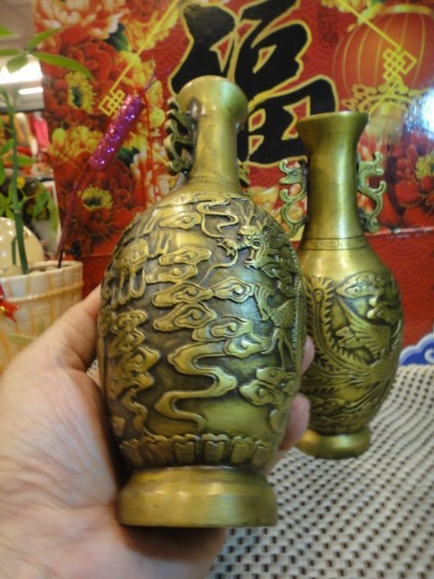 大瑞古玩~正宗早期龍鳳吉祥黃銅雕花瓶/品項完整值得收藏招財進寶供佛拜