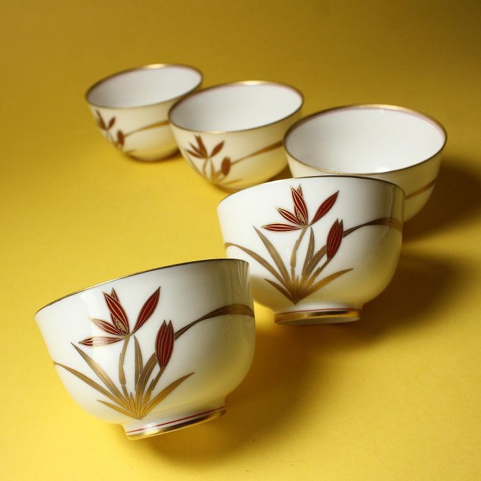 桑園の】極品! 日本香蘭社金緣春蘭細膩白瓷側把壺茶杯1壺5杯高級茶具組