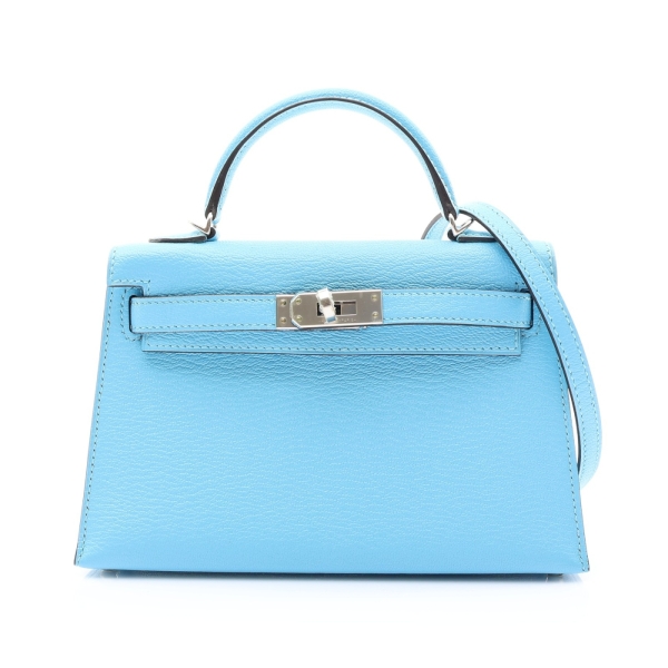HERMES 愛馬仕 MINI KELLY Chevre山羊皮 凱莉包 天藍 銀釦 C刻 肩背包 【二手名牌BRAND OFF】