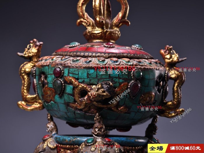 中国古美术・チベット収蔵・古純銅制・純手描き・宝石を嵌め牛頭・彩繪描金・文房置物 清代宮廷御藏罕見純銅鑲嵌寶石彩繪描金香爐工藝精湛款式精美配老紅木箱