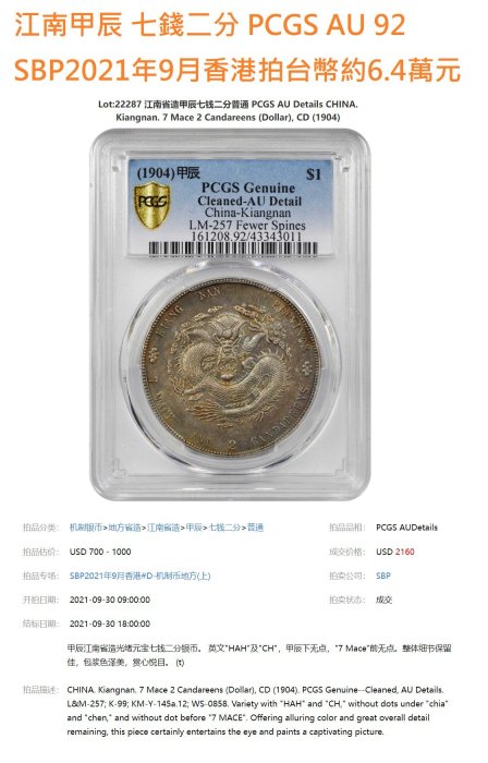 ★本物保証　江南省造 光緒元宝 甲辰　3 dots 手変り　PCGS PCGS VF25)江南甲辰光绪元宝十字星大名誉品价格| 满汀洲收藏鉴定