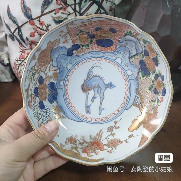 明治時期日本老瓷盤純手工聖路易古伊萬里陶瓷珍藏品青花五彩麒麟鳳凰梅