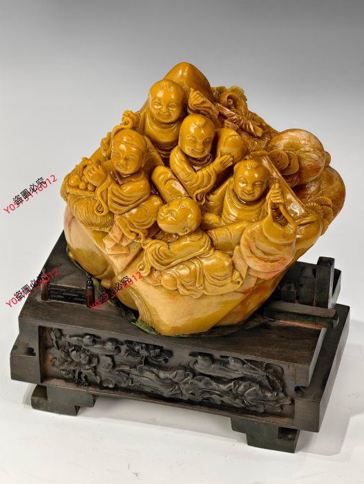 可議價【壽山石】四大印章石之首“壽山石”滿工雕刻“多子多福”人物紋擺件