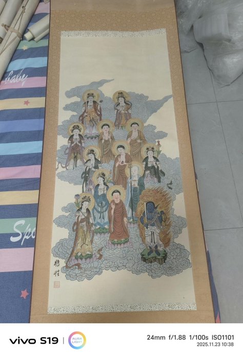嚴選日本回流十三佛掛軸，綾裱絹本木軸，尺寸173×