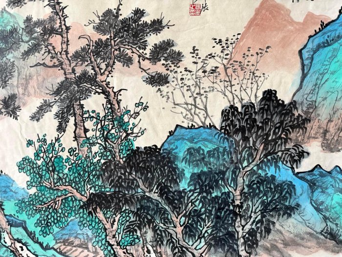 Z525【張大千】山水，四尺橫幅純手繪作品尺寸約：138x70厘米未裝裱，帶